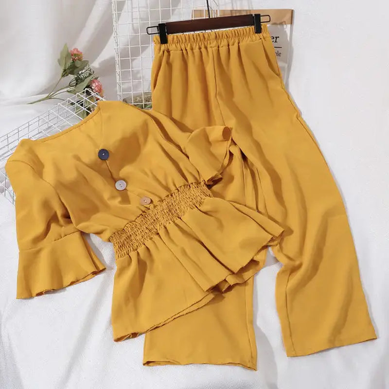 Women'S T Shirt Summer New V-Neck Fashion Swing Top High Waist Slim Wide Leg Classic Pants Suits Two Piece Set Women Sexy Outfit