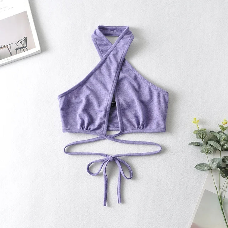 Women’S Vest Cross Halter Camisole Summer Fashion Solid Color Lace-Up Crop Tops Casual Sports Camis Female Backless Top