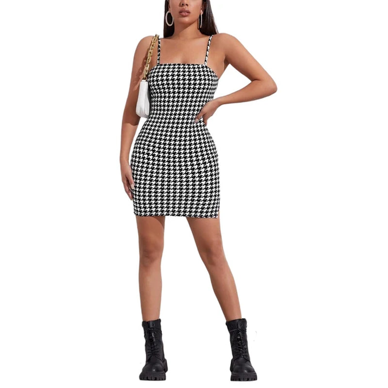 2021 New Style Women’S Summer Sexy Suspender Mini Dress Ladies Elegant Fashion Plaid Backless Slim Split Short Dress