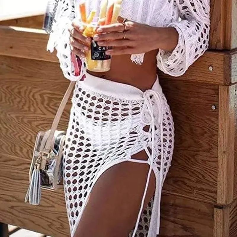 Women’S Sexy Sheer Hollow Out Beach Maxi Knit Skirt Split Tassels Beachwear Summer Crochet Cover up Skirts