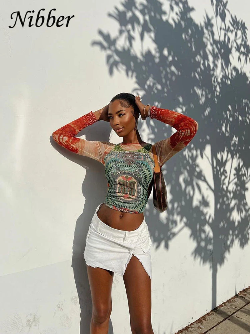 Autumn Art Print T-Shirt Women'S Wear Long-Sleeved O-Neck Short Section Navel Slim Fit Top Female Street Comfort Clothing