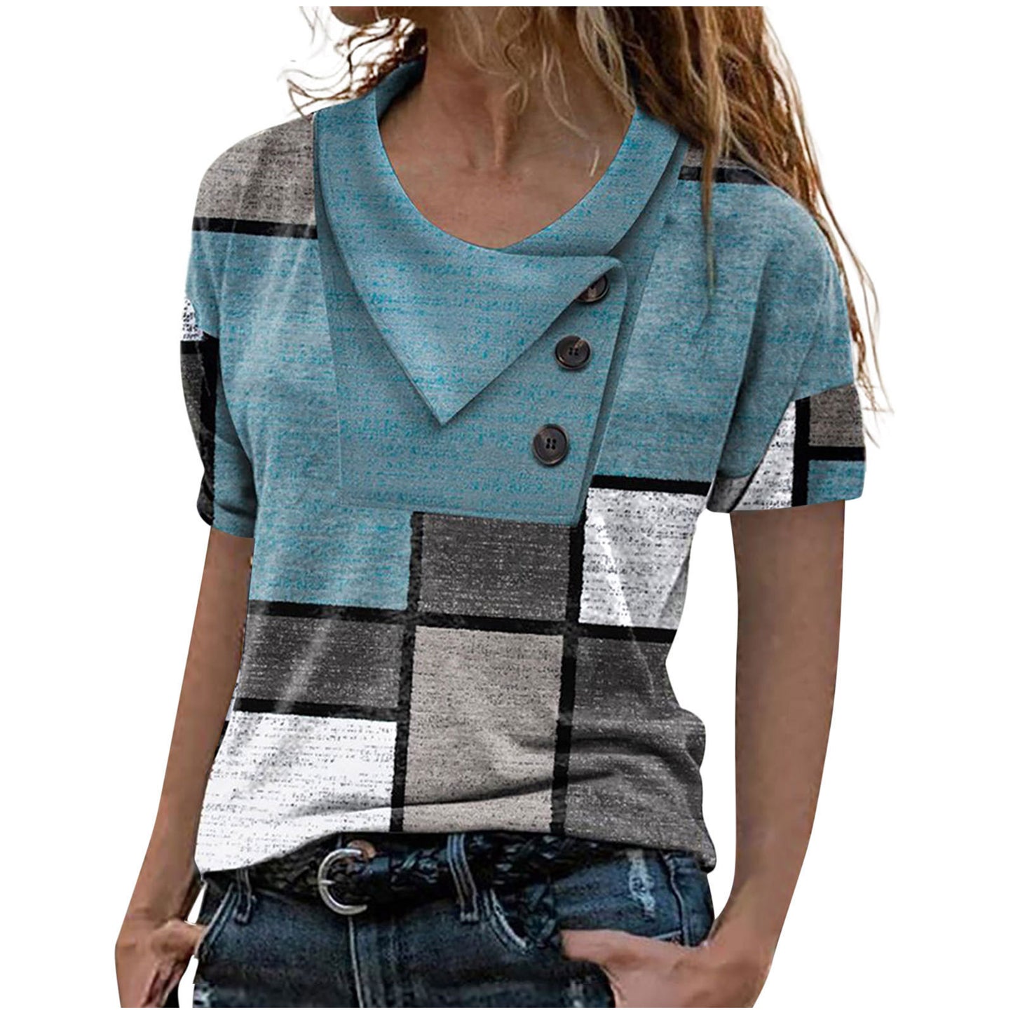 Women's Digital Printing Lapel Short-sleeved Top