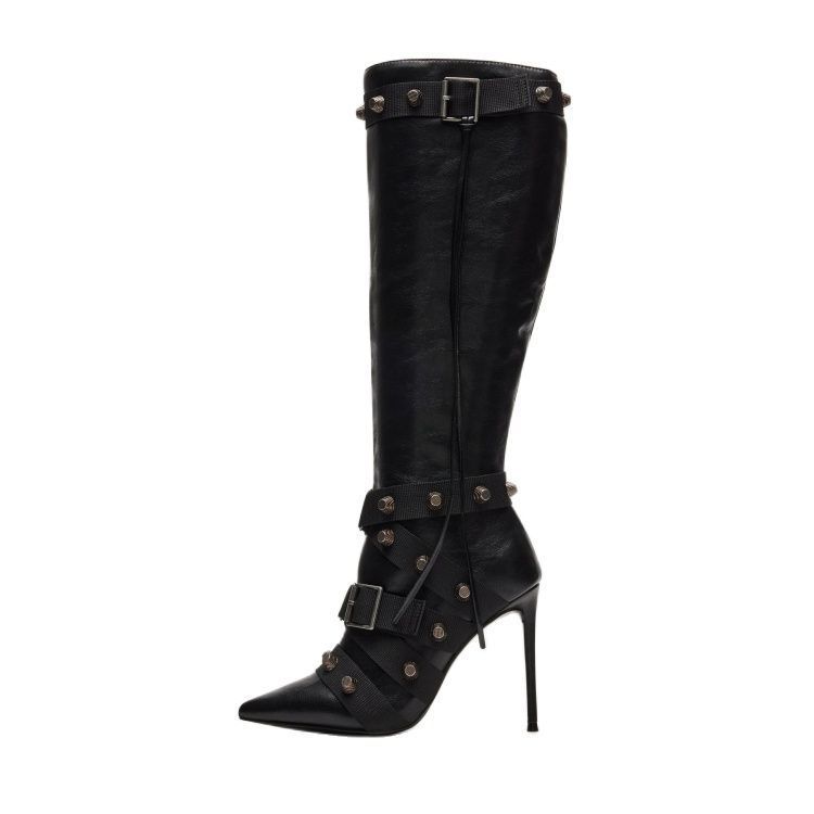 Metal Leathern Pointed Stiletto Heel High Leg Boot Rivet