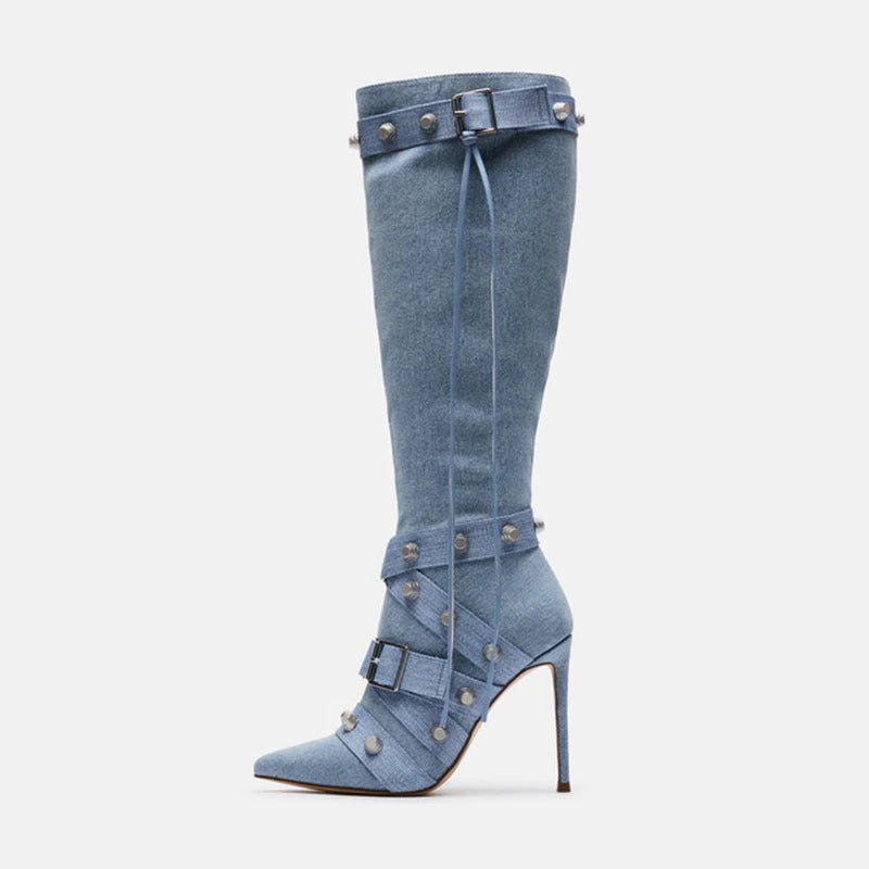 Metal Leathern Pointed Stiletto Heel High Leg Boot Rivet