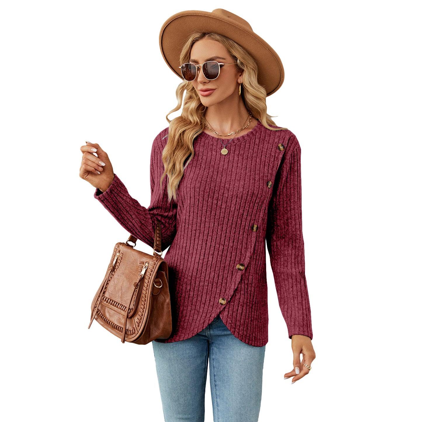 Women's Long-sleeved Round Neck Tulip Hem Bottoming Shirt T-shirt