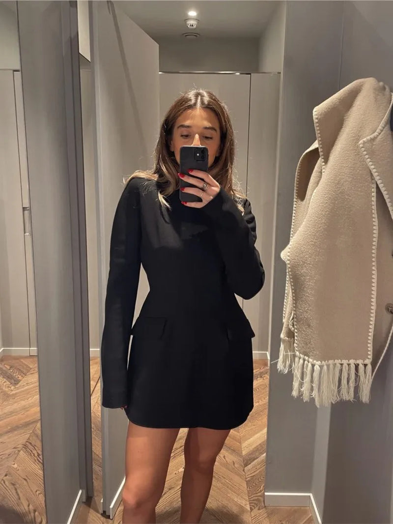 Elegant Solid Half High Collar Mini Dress Women Fashion Slim Long Sleeve Pockets Dresses 2023 Female Chic High Street Robes