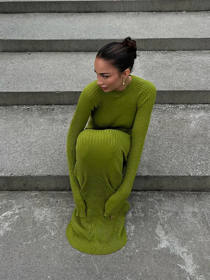 Green Ribbed Women Knitting Maxi Dress Female Elegant O-Neck Long Sleeve Bodycon Dresses Autumn Office Lady Commuting Robe