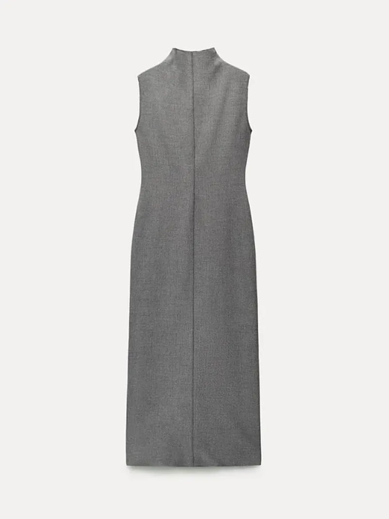 Elegant Grey Women Pencil Long Dress Female Stand Collar Sleeveless Bodycon Dresses 2023 Lady Solid Split Party Club Robes