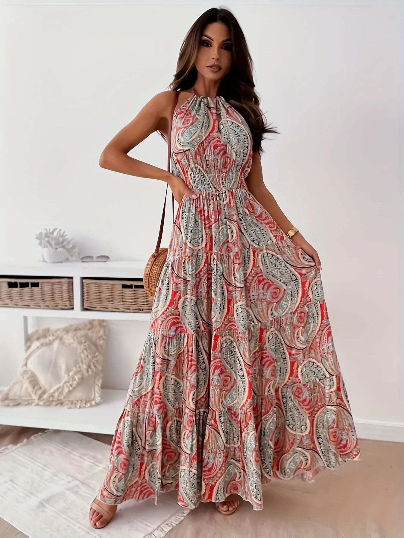 Contrast Color Female Dresses Elegant Loose Summer 2024 Beach Women’S Long Dress High Waist Sleeveless New Fashion Midi Length