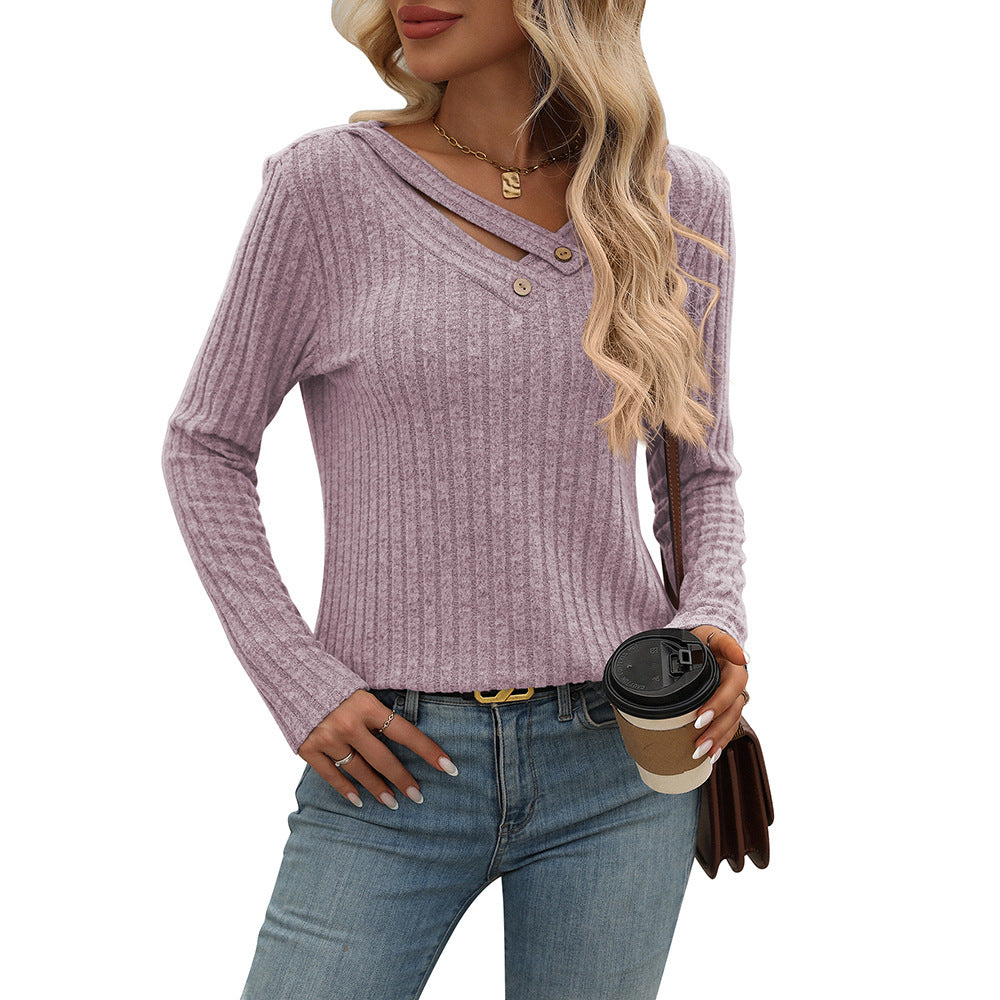 Women's Loose Casual V-neck Button Top Sunken Stripe T-shirt