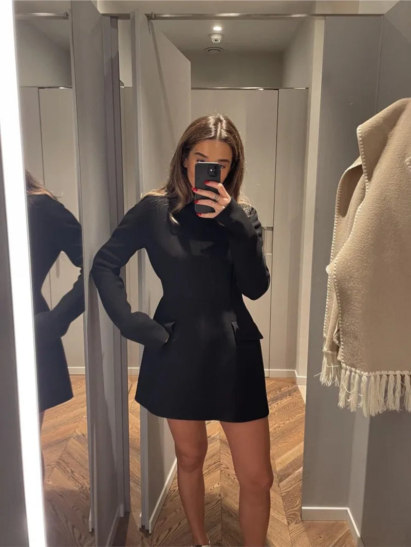 Elegant Solid Half High Collar Mini Dress Women Fashion Slim Long Sleeve Pockets Dresses 2023 Female Chic High Street Robes