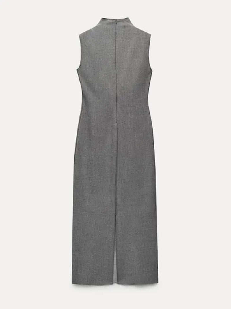 Elegant Grey Women Pencil Long Dress Female Stand Collar Sleeveless Bodycon Dresses 2023 Lady Solid Split Party Club Robes