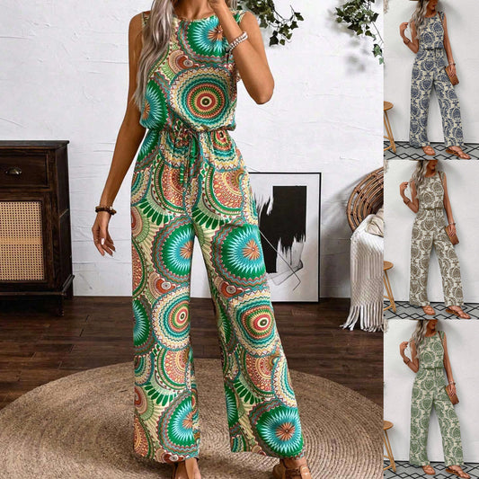 Women's Printed Jumpsuit Sleeveless Straight