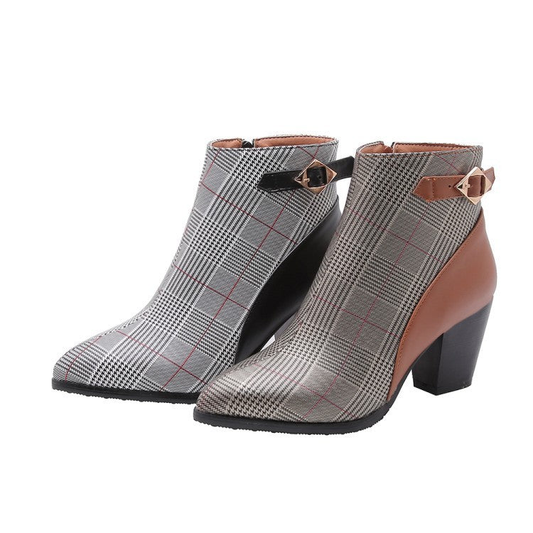 Plaid Pattern Pointy Toe Ankle Boots