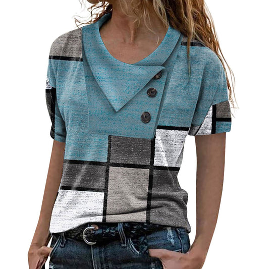 Women's Digital Printing Lapel Short-sleeved Top