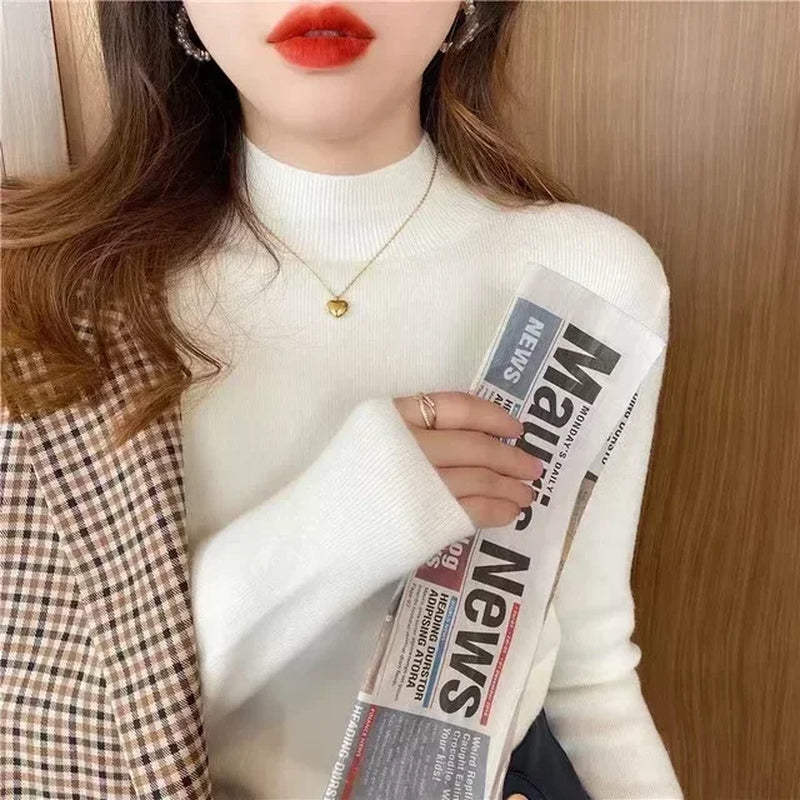 2024 Fashion Solid Color Turtleneck Women Autumn Winter Knitted Sweaters Basic Primer Pullovers Korean Sweater Slim-Fit Pullover