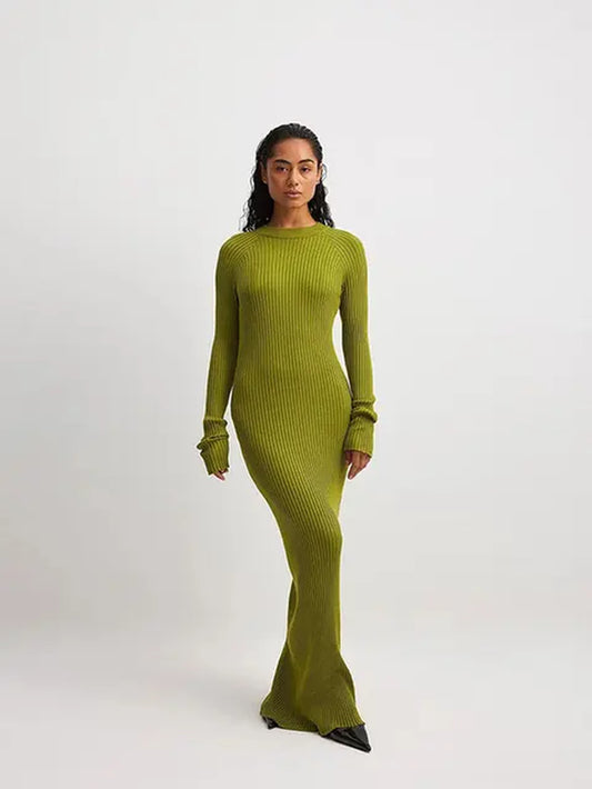 Green Ribbed Women Knitting Maxi Dress Female Elegant O-Neck Long Sleeve Bodycon Dresses Autumn Office Lady Commuting Robe