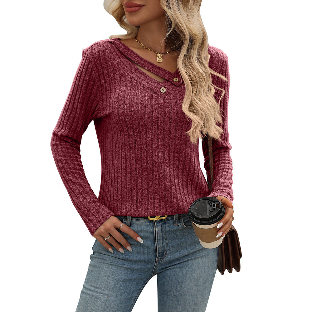 Women's Loose Casual V-neck Button Top Sunken Stripe T-shirt