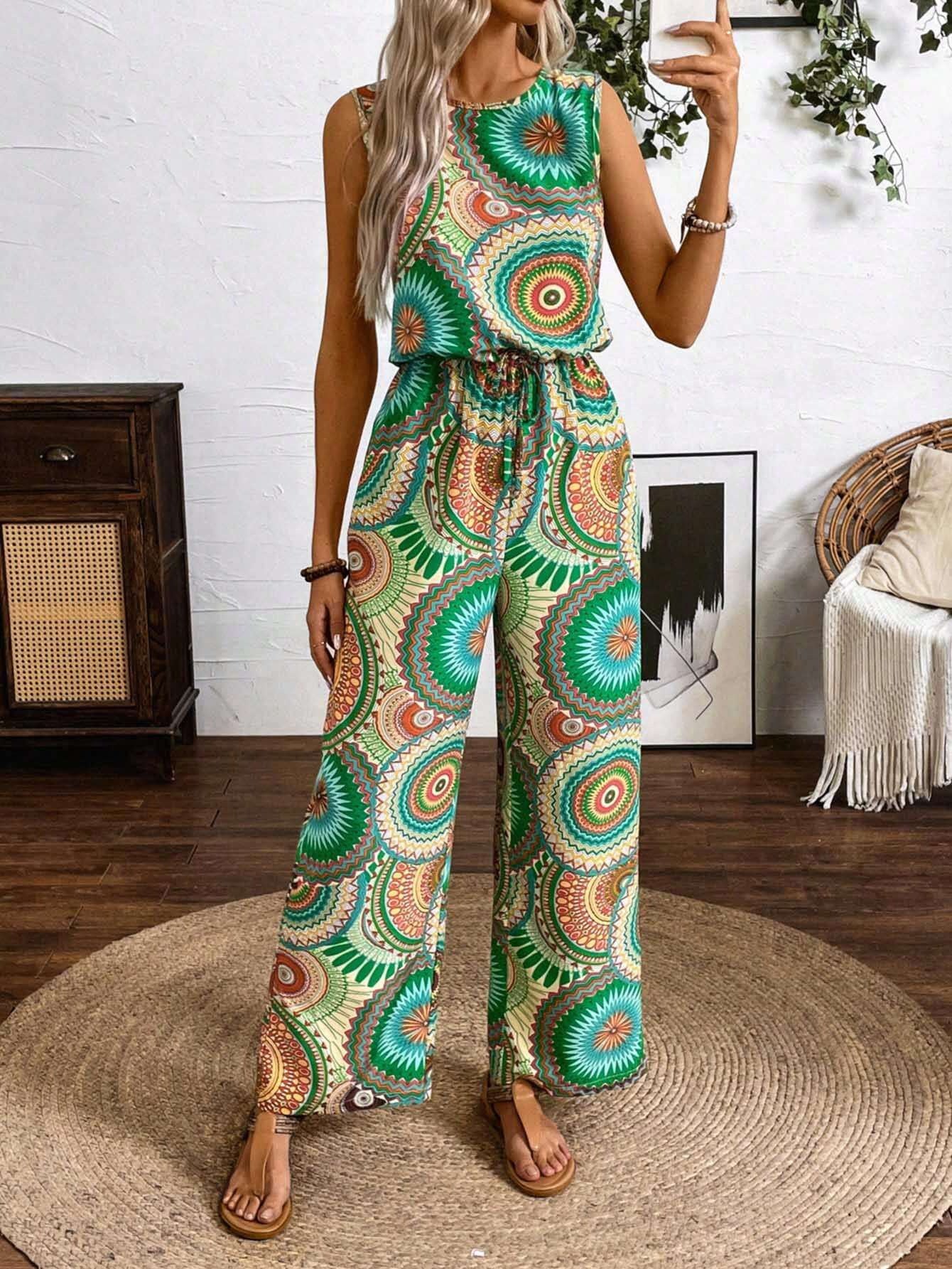 Women's Printed Jumpsuit Sleeveless Straight