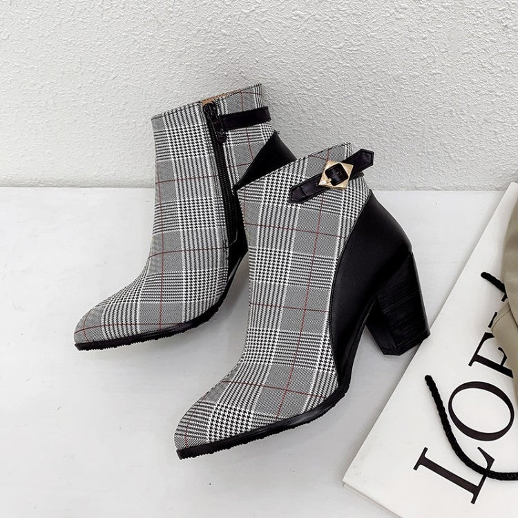 Plaid Pattern Pointy Toe Ankle Boots