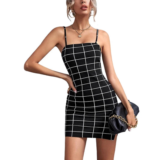 2021 New Style Women’S Summer Sexy Suspender Mini Dress Ladies Elegant Fashion Plaid Backless Slim Split Short Dress