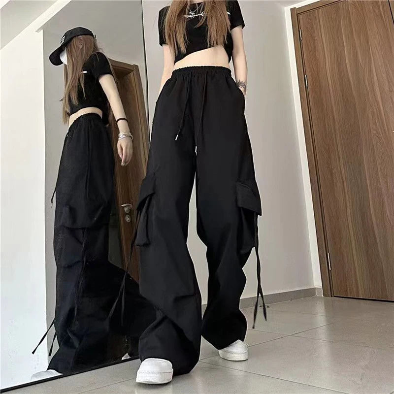 2023 Women Y2K Cargo Pants High Waist Streetwear Hip Hop Trousers Female Pockets Casual Low Waist Drawstring Baggy Sweatpants