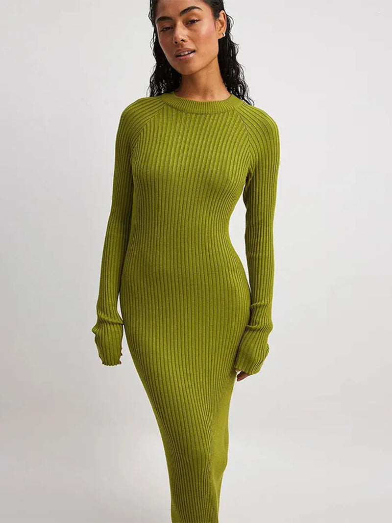 Green Ribbed Women Knitting Maxi Dress Female Elegant O-Neck Long Sleeve Bodycon Dresses Autumn Office Lady Commuting Robe