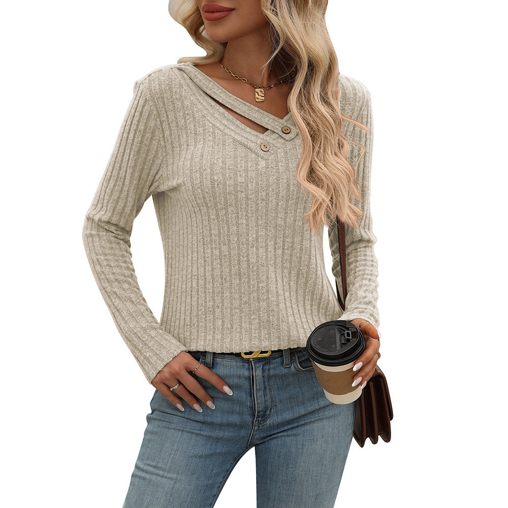 Women's Loose Casual V-neck Button Top Sunken Stripe T-shirt