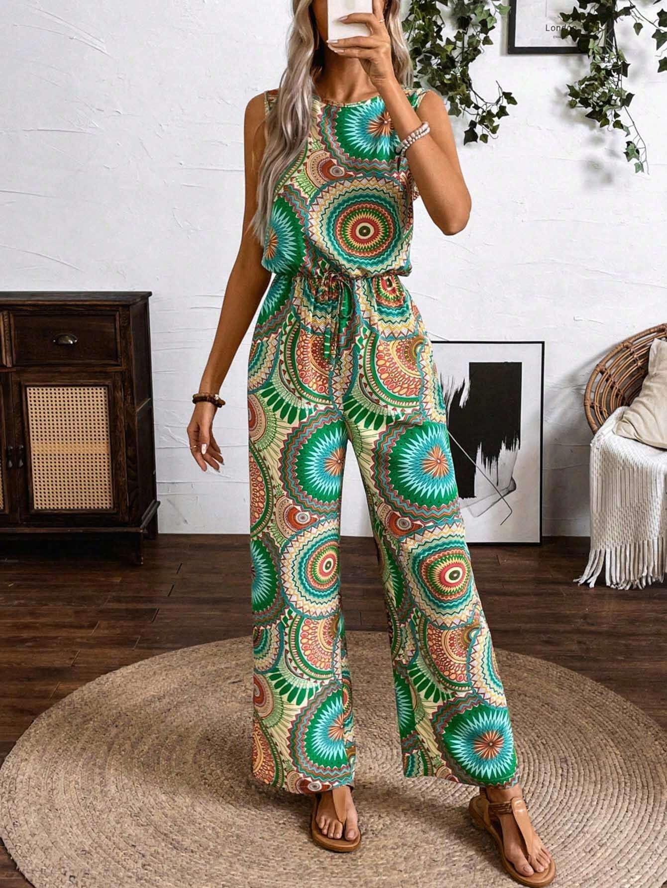 Women's Printed Jumpsuit Sleeveless Straight