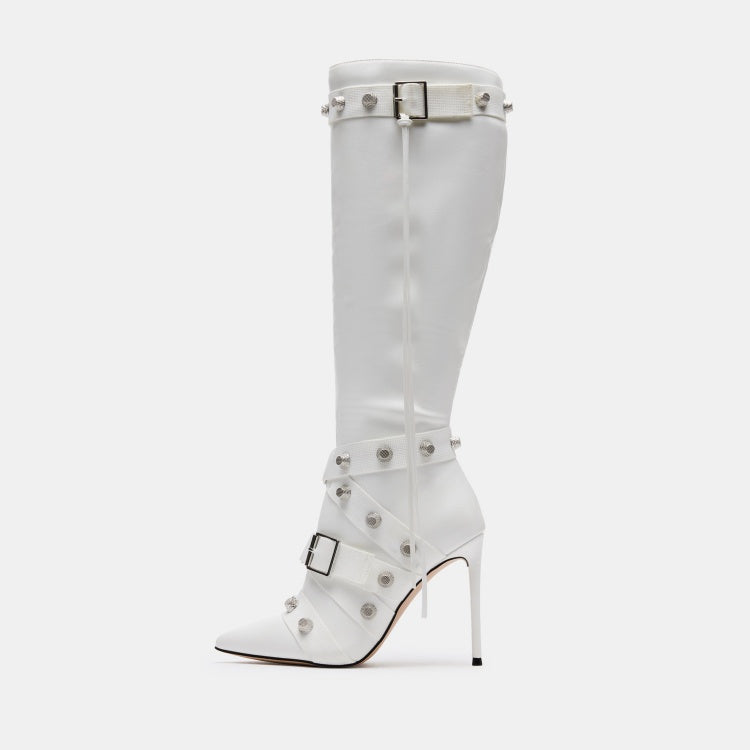 Metal Leathern Pointed Stiletto Heel High Leg Boot Rivet