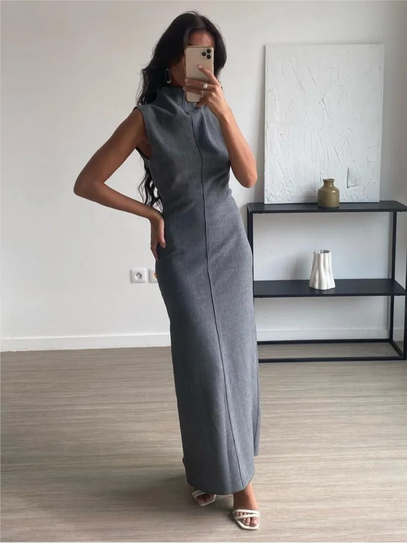 Elegant Grey Women Pencil Long Dress Female Stand Collar Sleeveless Bodycon Dresses 2023 Lady Solid Split Party Club Robes