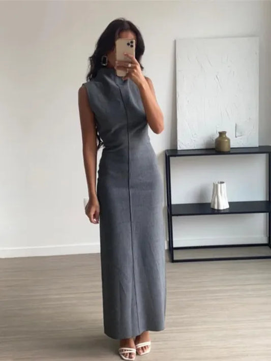 Elegant Grey Women Pencil Long Dress Female Stand Collar Sleeveless Bodycon Dresses 2023 Lady Solid Split Party Club Robes