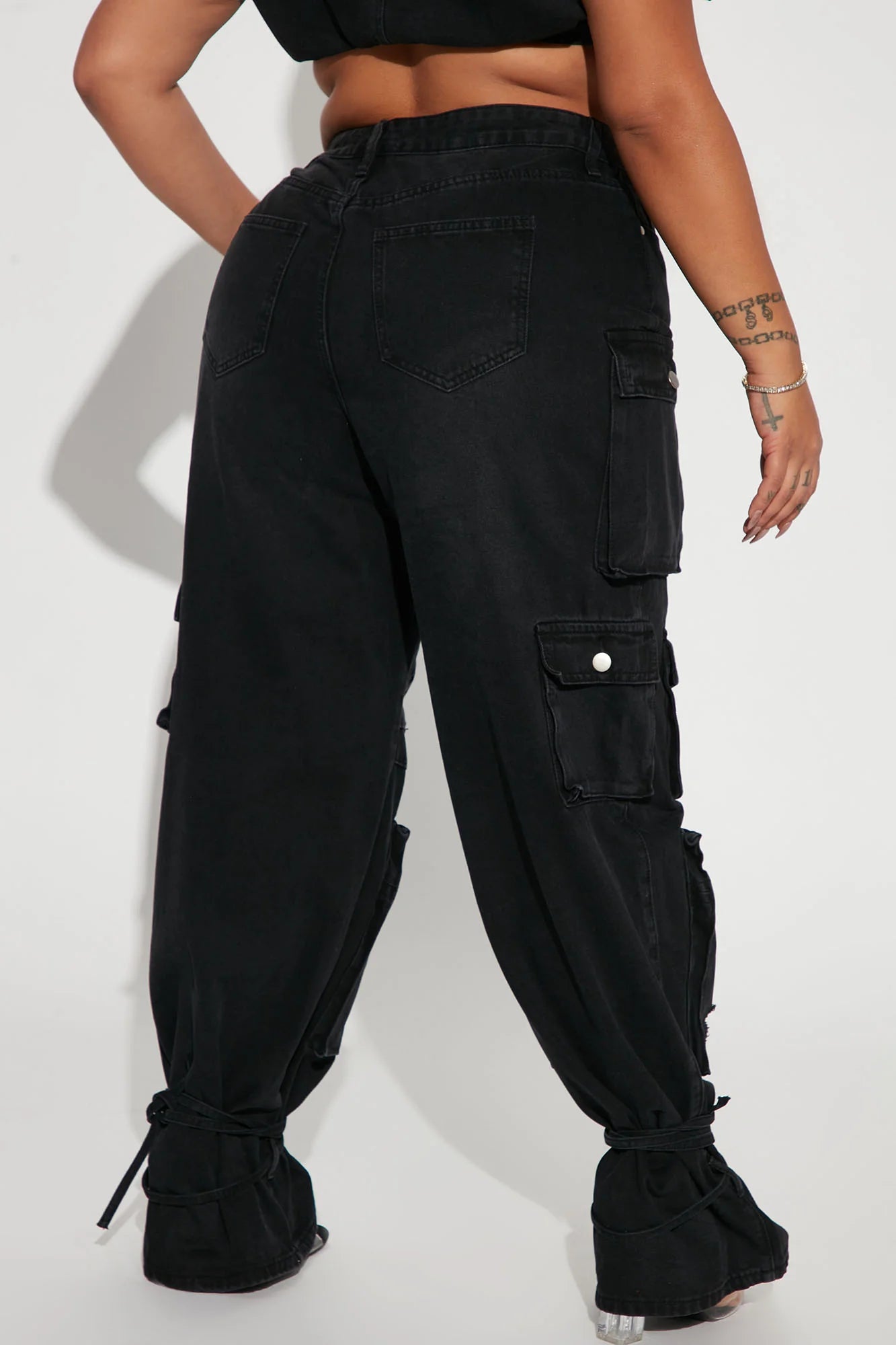 Billie Ripped Ankle Tie Cargo Jeans - Black