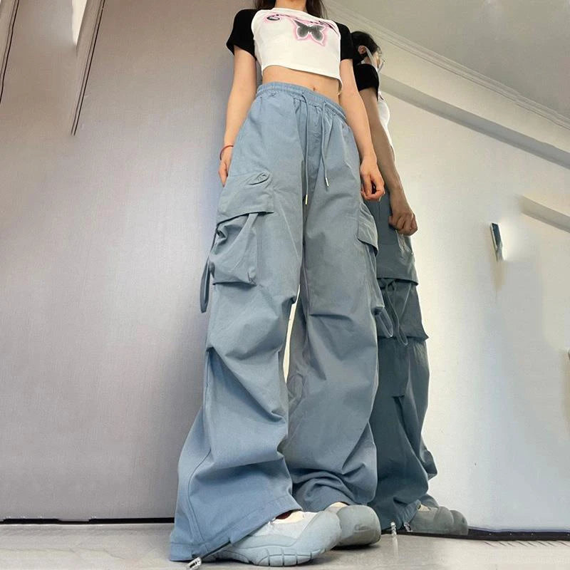 2023 Women Y2K Cargo Pants High Waist Streetwear Hip Hop Trousers Female Pockets Casual Low Waist Drawstring Baggy Sweatpants