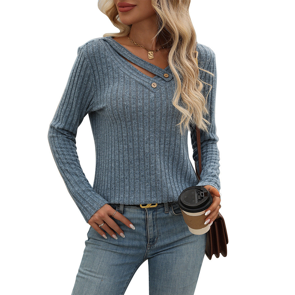 Women's Loose Casual V-neck Button Top Sunken Stripe T-shirt