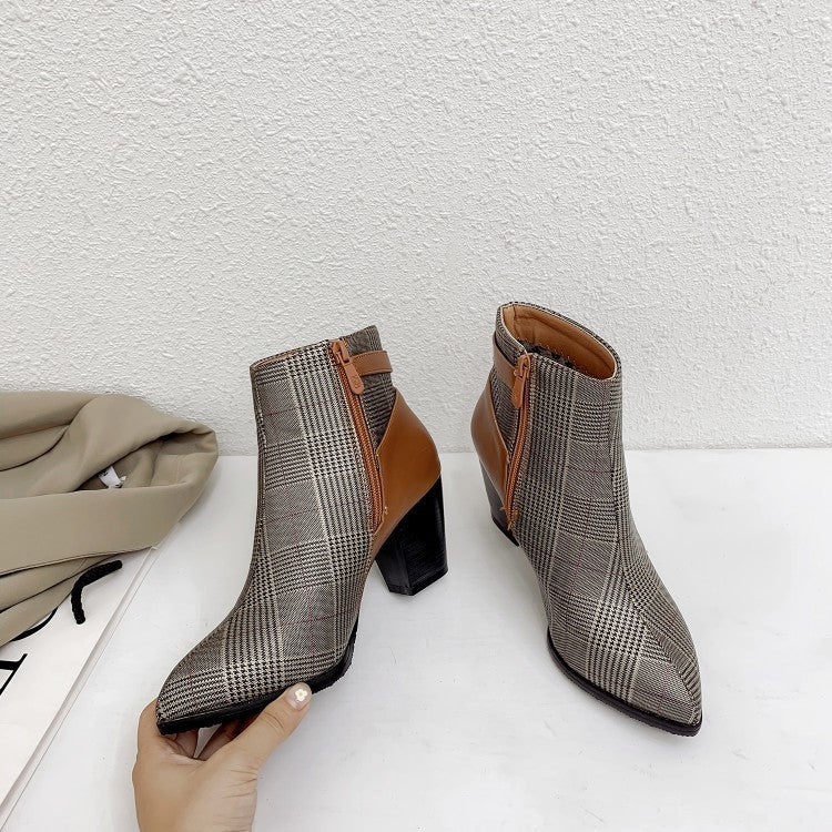 Plaid Pattern Pointy Toe Ankle Boots