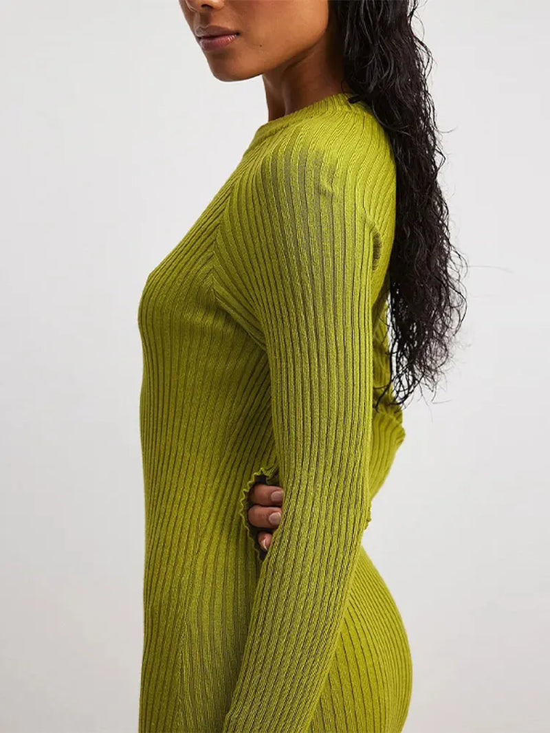 Green Ribbed Women Knitting Maxi Dress Female Elegant O-Neck Long Sleeve Bodycon Dresses Autumn Office Lady Commuting Robe