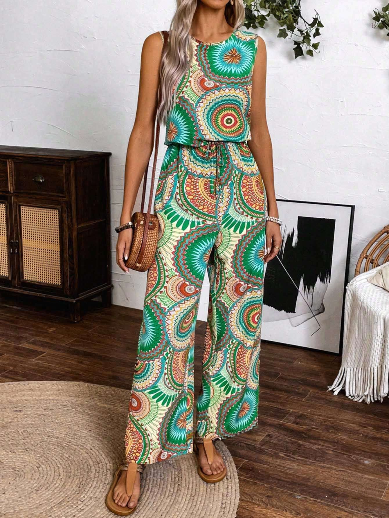 Women's Printed Jumpsuit Sleeveless Straight